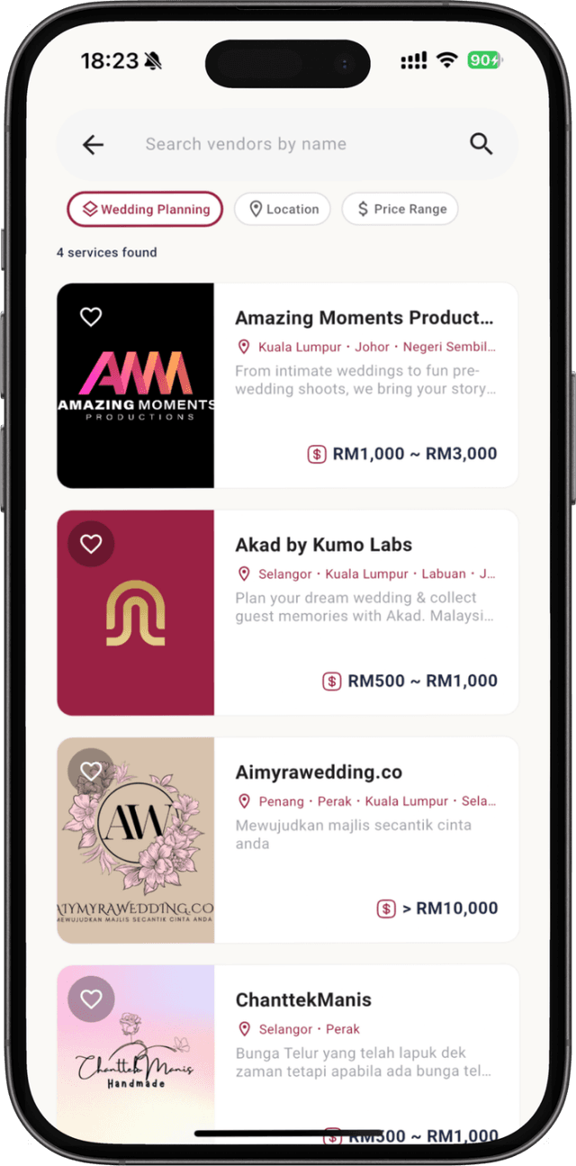 Akad Planner - Vendor Directory listing page showing how couples browse vendors