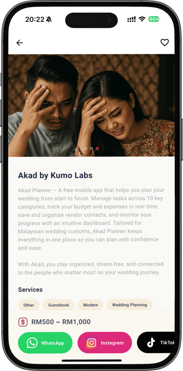 Akad Planner - Vendor profile page showing detailed vendor information